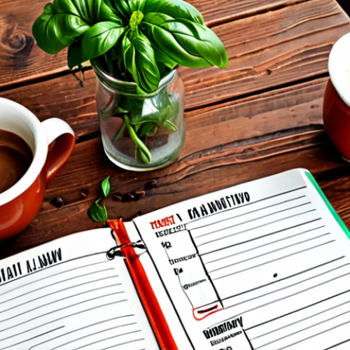 **

A vibrant, organized weekly planner on a rustic wooden desk. The planner is open, showing a week's schedule filled with handwritten notes in Italian about "diritto amministrativo" (administrative law) study sessions. A steaming cup of espresso sits nearby, along with a sprig of basil in a small terracotta pot. The overall feel is cozy, focused, and distinctly Italian. The planner has checkmarks next to completed tasks, radiating a sense of accomplishment.

**