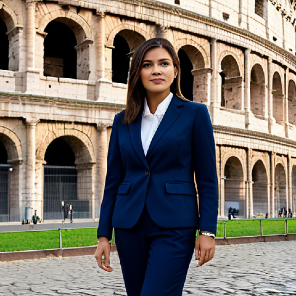 **

"A professional businesswoman in a modest business suit, standing in front of the Colosseum in Rome, Italy, fully clothed, appropriate attire, safe for work, perfect anatomy, natural proportions, professional photography, high quality."

**