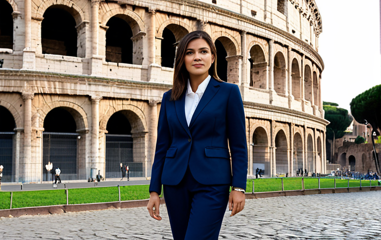 **

"A professional businesswoman in a modest business suit, standing in front of the Colosseum in Rome, Italy, fully clothed, appropriate attire, safe for work, perfect anatomy, natural proportions, professional photography, high quality."

**