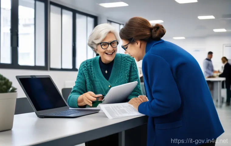 공무원 생활 중 주요 에피소드와 해결 사례 - An empathetic female public servant in her late 30s, dressed in smart-casual attire, gently offering...