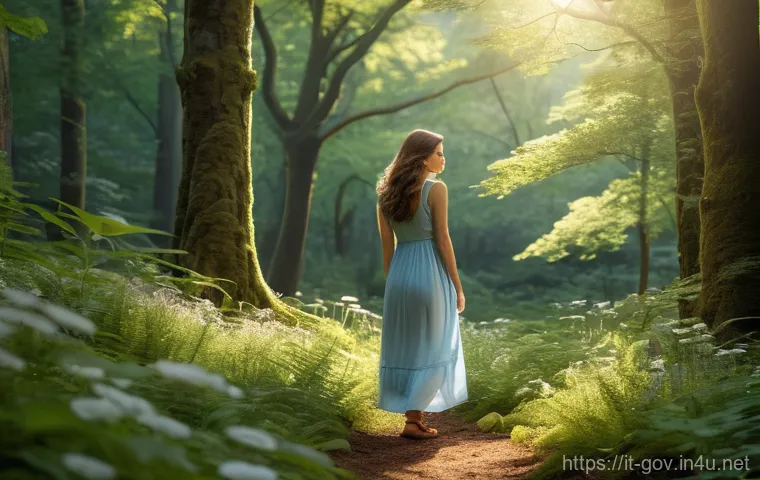 공무원 시험 준비를 위한 추천 자료 및 도구 - A young woman in her mid-20s, with long, wavy brown hair, standing in a vibrant, sun-drenched ancien...