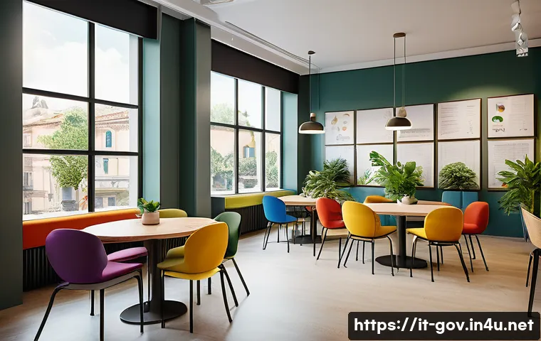 공무원 조직 내 협력 문화 조성 사례 - A modern Italian municipal office break area designed for informal sharing and collaboration, featur...