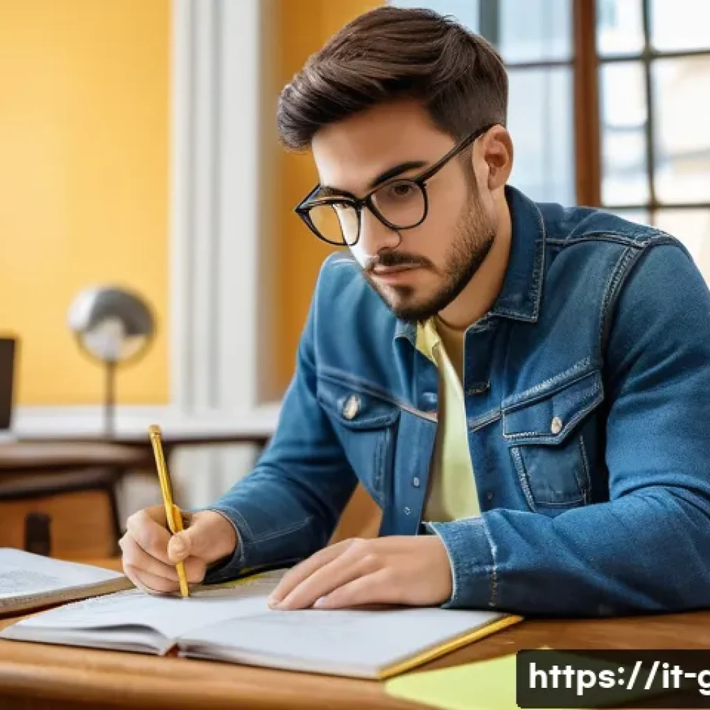 공무원 시험 최신 기출문제 분석 - A focused study scene showing an Italian university student in a modern, cozy room filled with study...