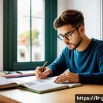 공무원 시험 준비 중 실수 피하기 - A focused Italian student sitting at a tidy wooden desk in a cozy, well-lit study room, surrounded b...