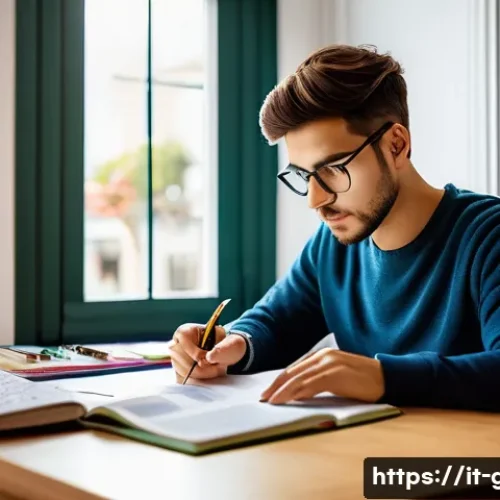 공무원 시험 준비 중 실수 피하기 - A focused Italian student sitting at a tidy wooden desk in a cozy, well-lit study room, surrounded b...