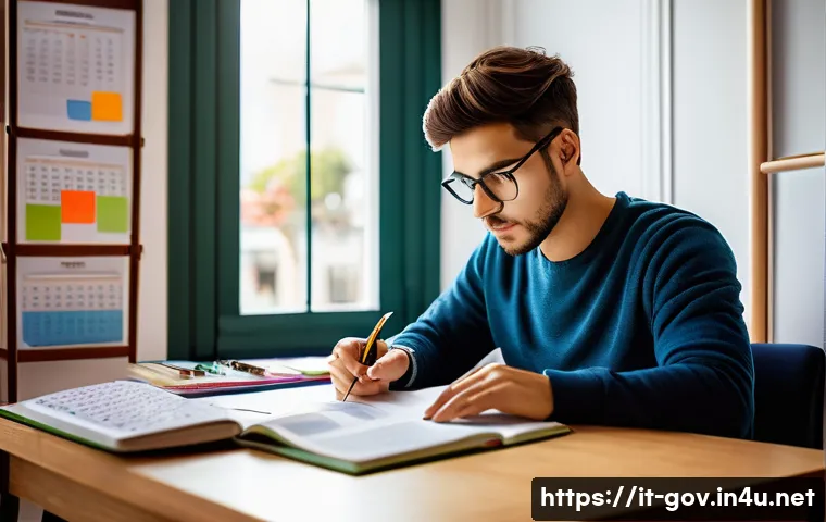 공무원 시험 준비 중 실수 피하기 - A focused Italian student sitting at a tidy wooden desk in a cozy, well-lit study room, surrounded b...