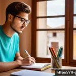 공무원 시험 준비 중 피해야 할 주요 오류 - A cozy Italian study room with a young adult student sitting at a wooden desk filled with neatly org...