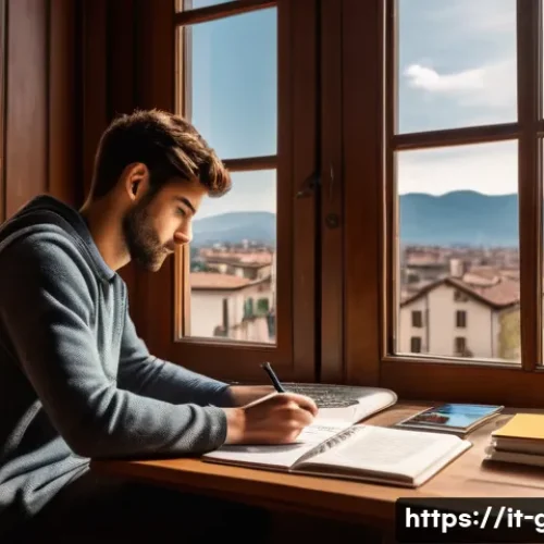 공무원 시험을 준비하는 대학생 이야기 - A focused young Italian adult studying at a wooden desk in a cozy, sunlit room with a large window s...