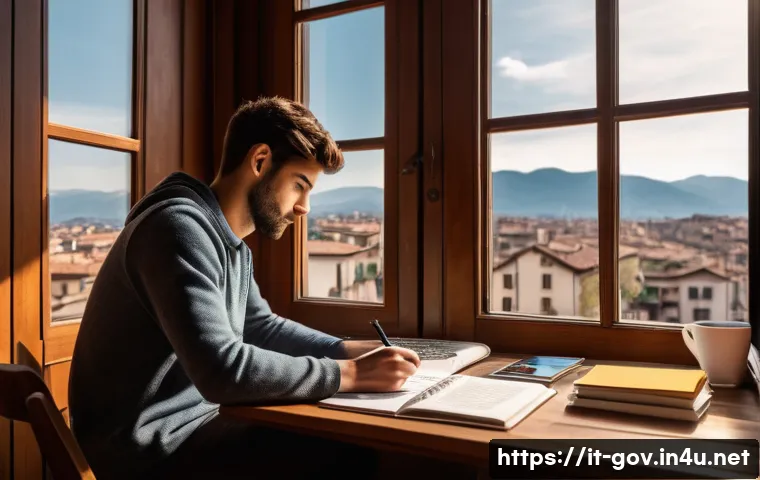 공무원 시험을 준비하는 대학생 이야기 - A focused young Italian adult studying at a wooden desk in a cozy, sunlit room with a large window s...