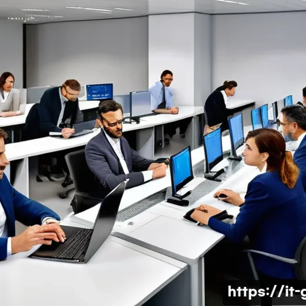 공무원 업무 수행 중 발생한 에피소드 - A professional public sector office scene showing a diverse team of Italian civil servants collabora...