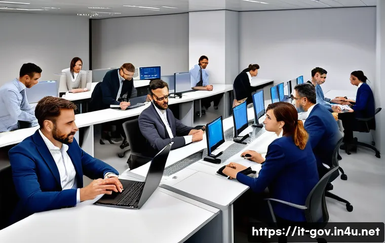 공무원 업무 수행 중 발생한 에피소드 - A professional public sector office scene showing a diverse team of Italian civil servants collabora...