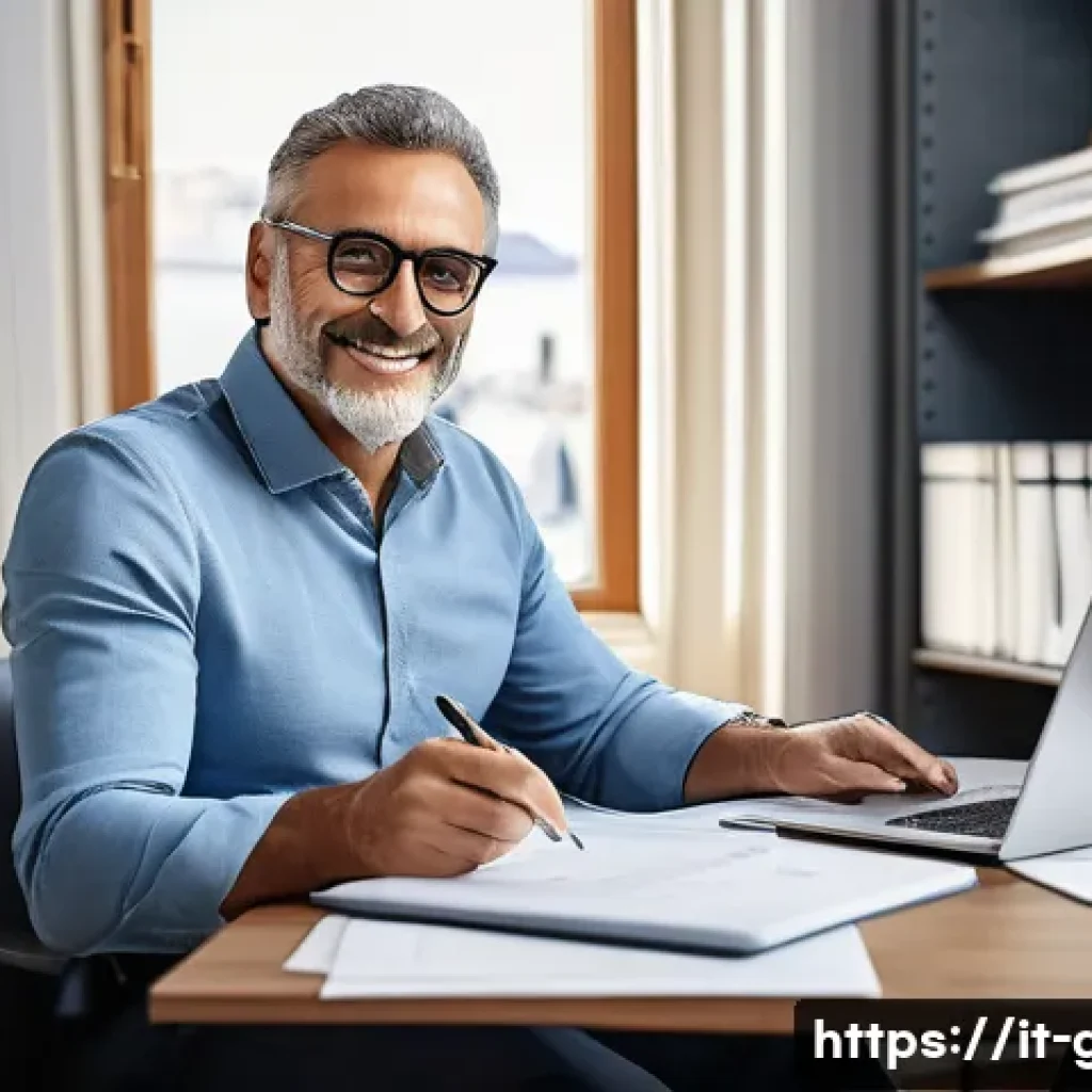 공무원 퇴직 후 경력 활용법 - A professional middle-aged Italian man in smart casual attire, sitting confidently at a modern desk ...
