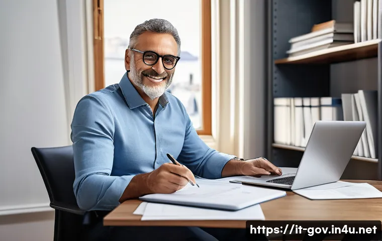 공무원 퇴직 후 경력 활용법 - A professional middle-aged Italian man in smart casual attire, sitting confidently at a modern desk ...