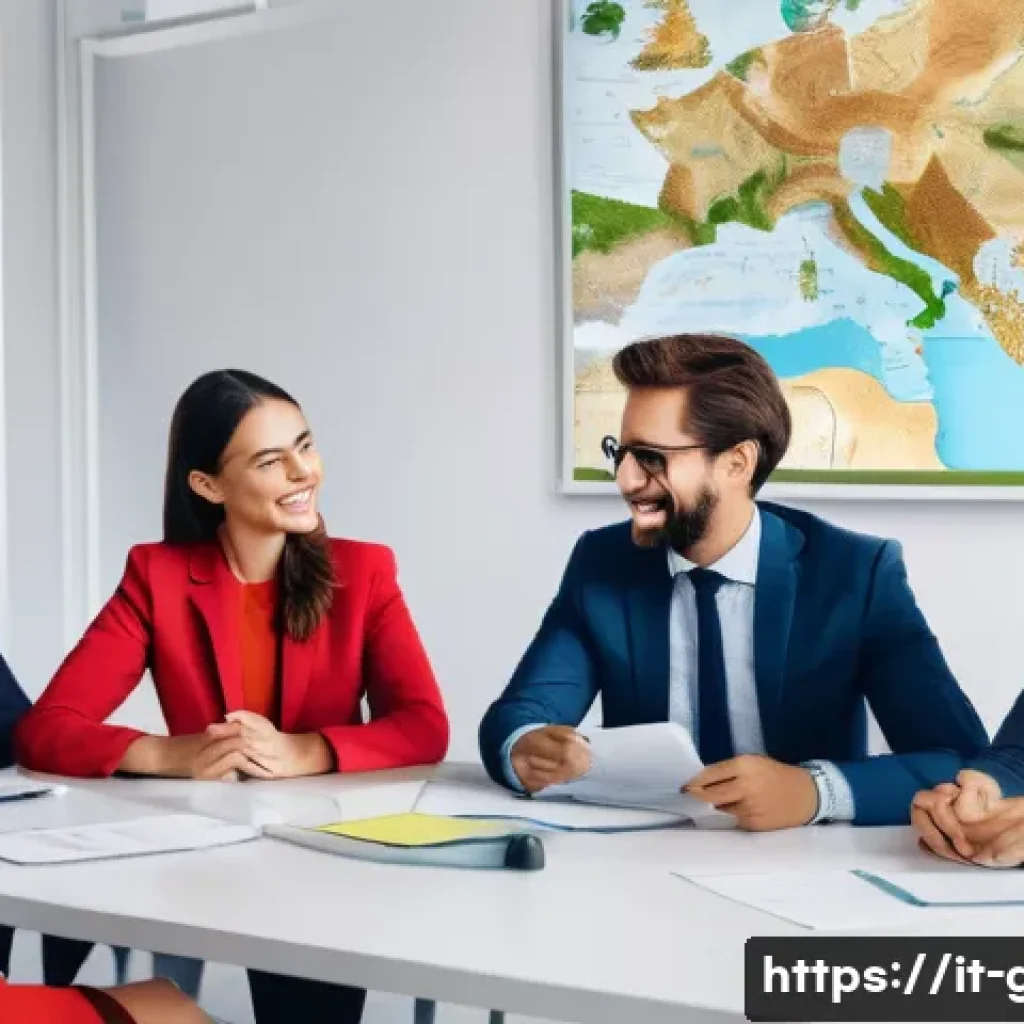 공무원 조직에서의 긍정적인 피드백 사례 - A modern Italian public office setting with a diverse group of employees and managers engaged in a w...
