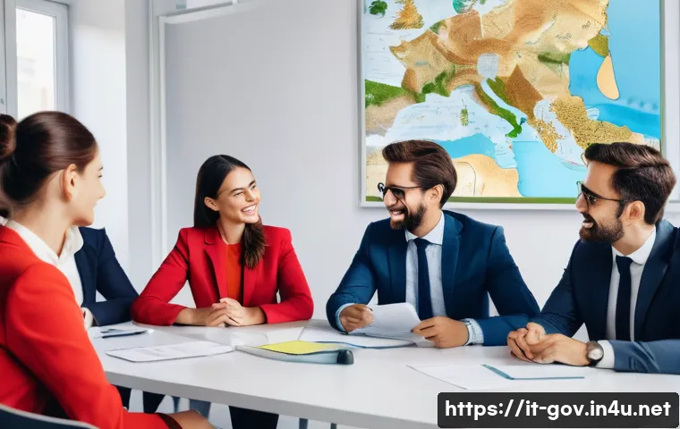 공무원 조직에서의 긍정적인 피드백 사례 - A modern Italian public office setting with a diverse group of employees and managers engaged in a w...
