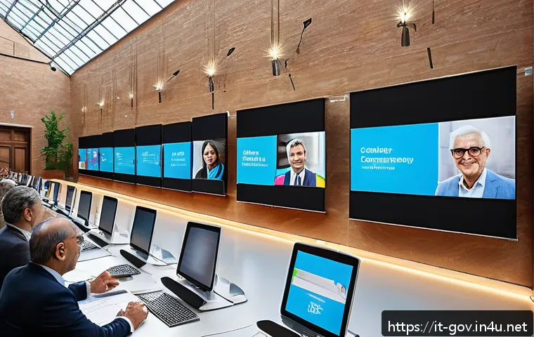 공무원 시험에서 자주 나오는 정책 관련 문제 - A modern Italian town hall interior bustling with diverse citizens actively engaging in a digital pu...
