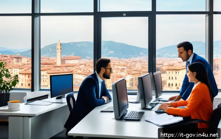 공무원 시험과 직렬 선택의 주요 차이 분석 - A professional office environment in Italy, featuring a diverse group of people working collaborativ...