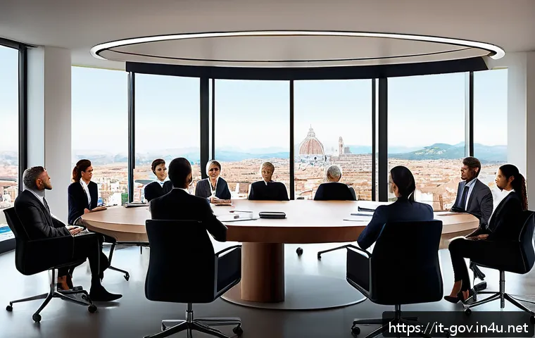 공무원 조직 내 의사소통 기술 - A modern Italian public administration office scene showing diverse professionals engaged in active ...