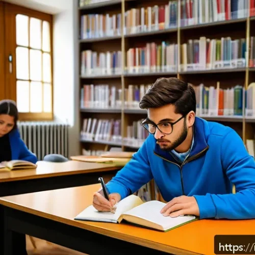 Home 32 공무원 시험과 관련된 지역 특화 정보 - A focused Italian candidate studying in a cozy, well-lit library in Lombardy, surrounded by stacks o...