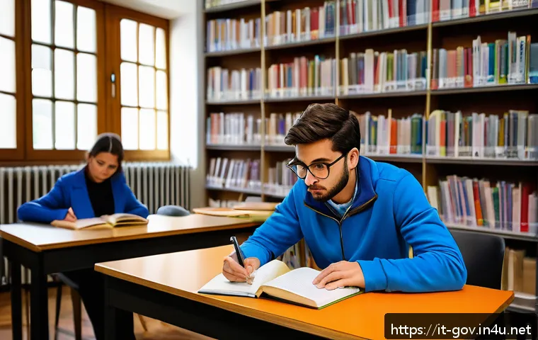 공무원 시험과 관련된 지역 특화 정보 - A focused Italian candidate studying in a cozy, well-lit library in Lombardy, surrounded by stacks o...