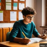 Home 18 공무원 시험 준비 시 필요한 지원 도구 - A focused young Italian student sitting at a modern wooden desk in a cozy, sunlit room, surrounded b...