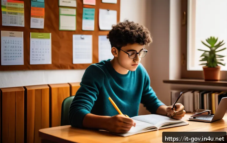 공무원 시험 준비 시 필요한 지원 도구 - A focused young Italian student sitting at a modern wooden desk in a cozy, sunlit room, surrounded b...