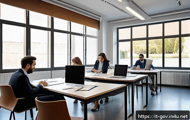 공무원 시험과 직렬 선택 시 주요 변수 - A professional Italian public administration office scene showing diverse candidates preparing for c...